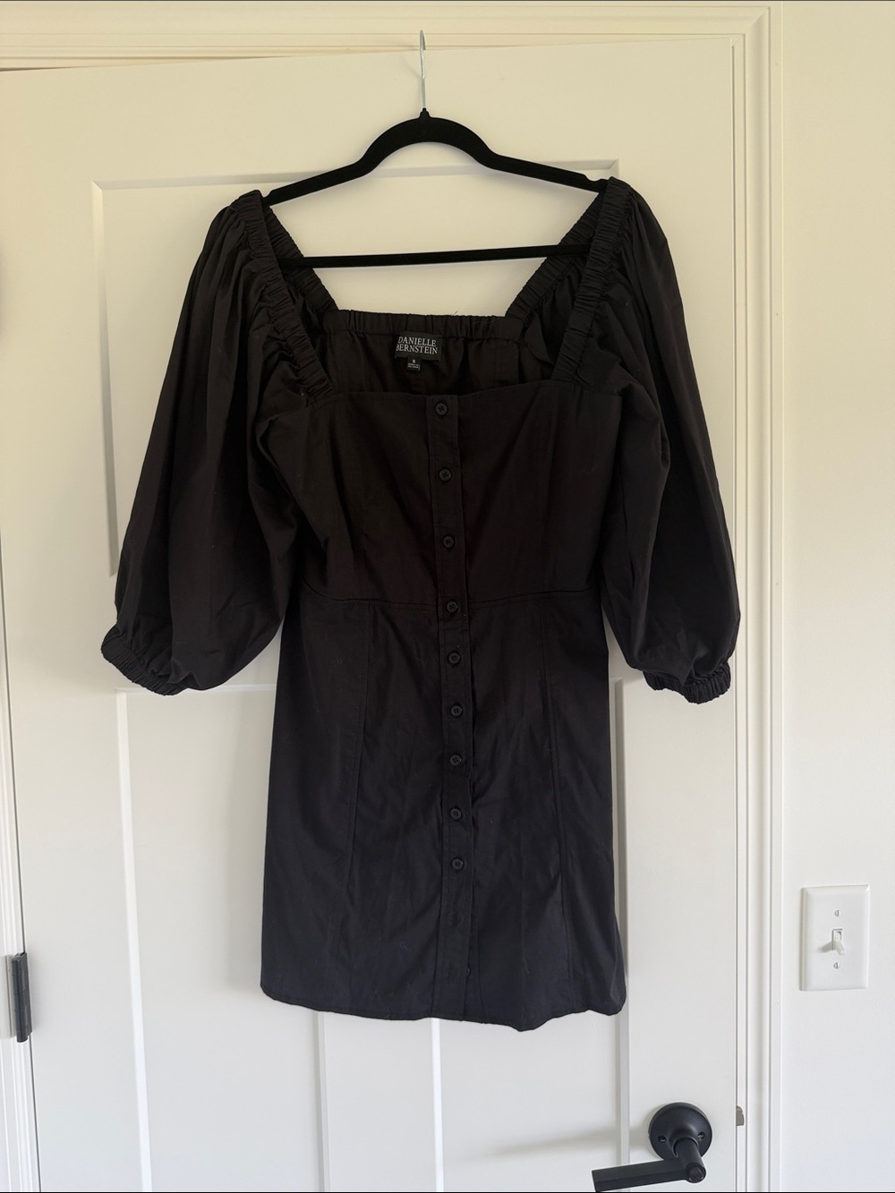 DANIELLE BERNSTEIN Black Button-Front Puff Sleeve Midi Dress